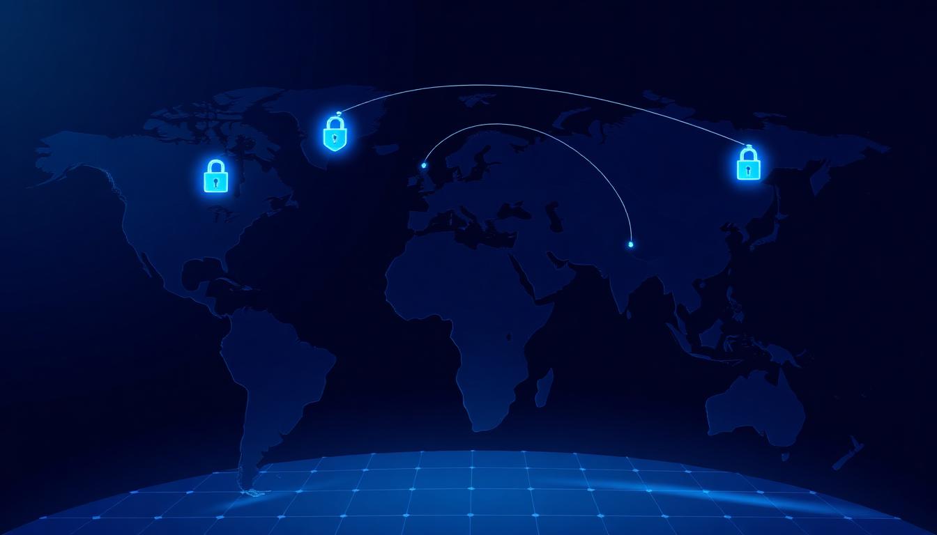 Global data residency map showing EU, UK and US processing regions with secure connections