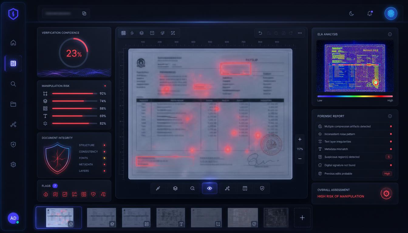 FlagFake forensic analysis dashboard showing a manipulated payslip with confidence scoring and heatmap evidence